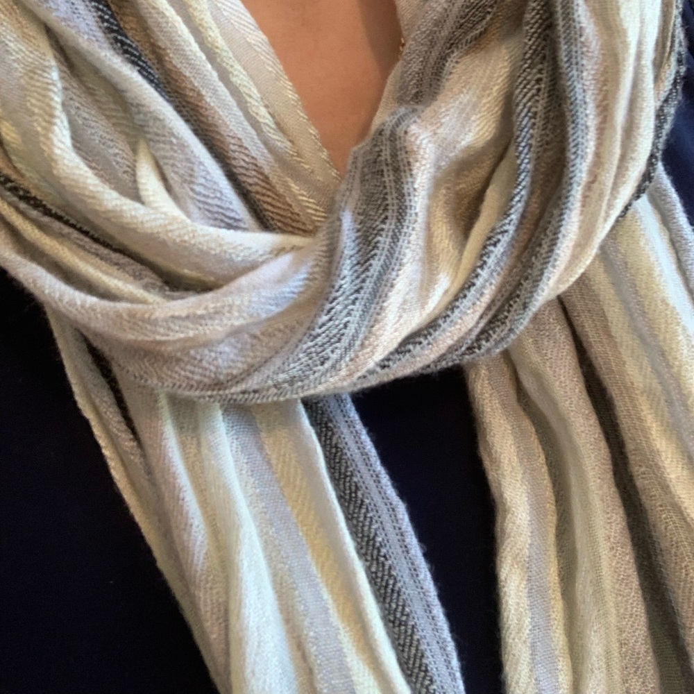 Metallic striped thin scarf with tassels